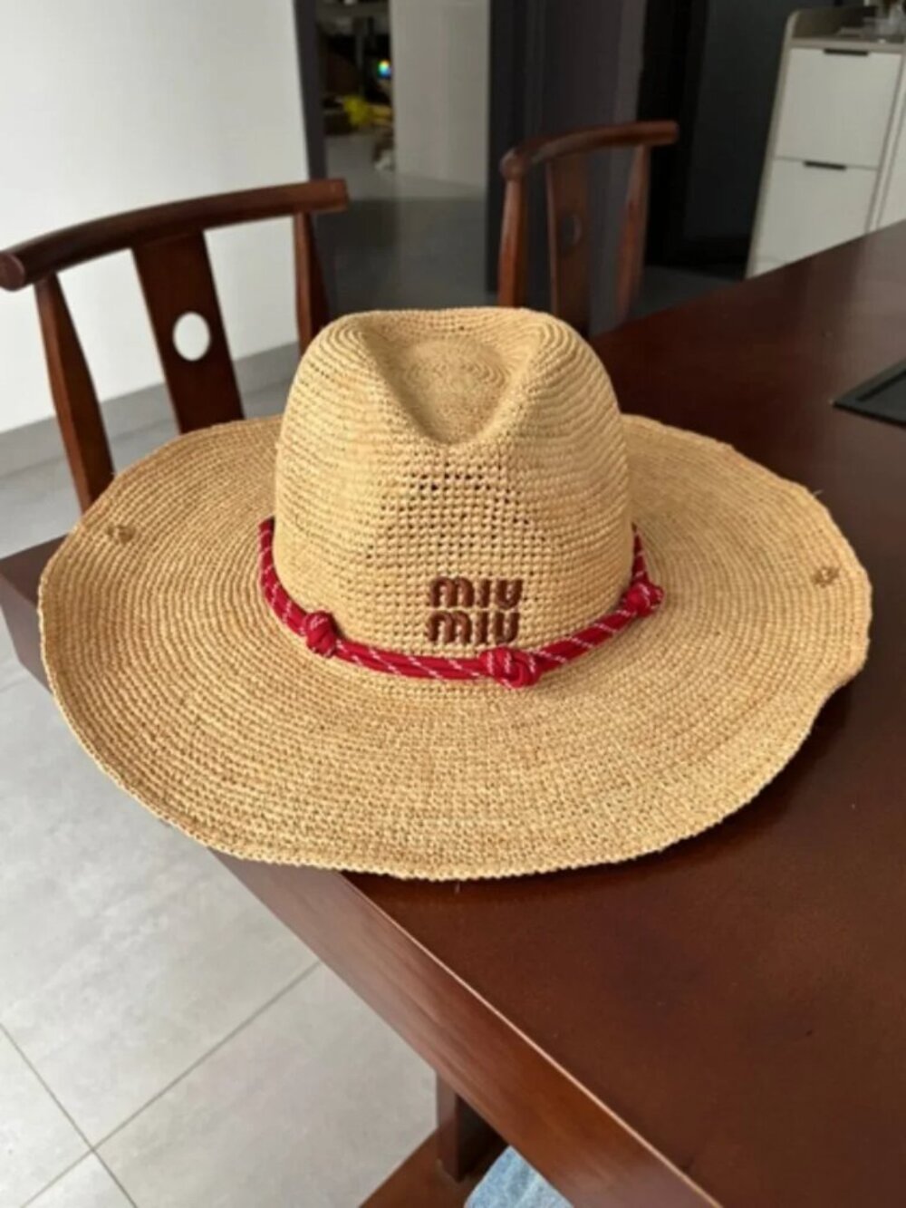 Miu Miu Raffia Straw Cowboy Sun Hat Woven Wide Brim Red Cord Logo